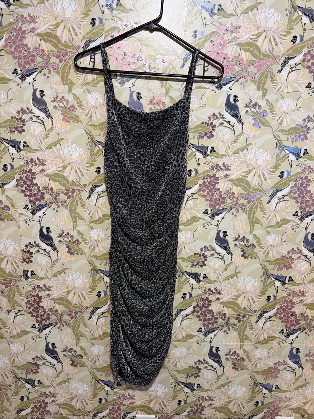 Almost Famous Black and Gray Leopard-Print Ruched Midi Slip Dress